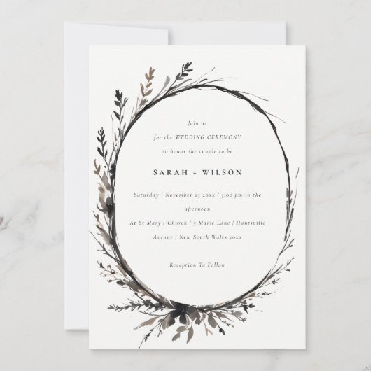 Boho Wildflower Zwart Bruin Herfst Krans Bruiloft Kaart (Voorkant)