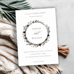 Boho Wildflower Zwart Bruin Herfst Krans Bruiloft Kaart