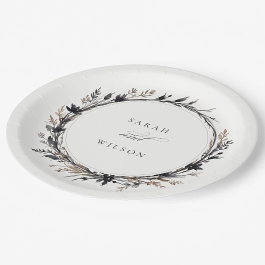 Boho Wildflower Zwart Bruin Herfst Krans Bruiloft Papieren Bordje (Gekanteld)