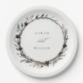 Boho Wildflower Zwart Bruin Herfst Krans Bruiloft Papieren Bordje (Voorkant)