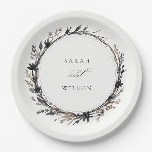 Boho Wildflower Zwart Bruin Herfst Krans Bruiloft Papieren Bordje (Voorkant)