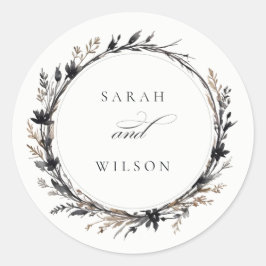 Boho Wildflower Zwart Bruin Herfst Krans Bruiloft Ronde Sticker