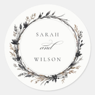 Boho Wildflower Zwart Bruin Herfst Krans Bruiloft Ronde Sticker