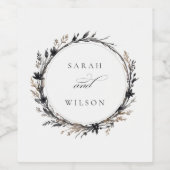 Boho Wildflower Zwart Bruin Herfst Krans Bruiloft Wijn Etiket (Enkel label)