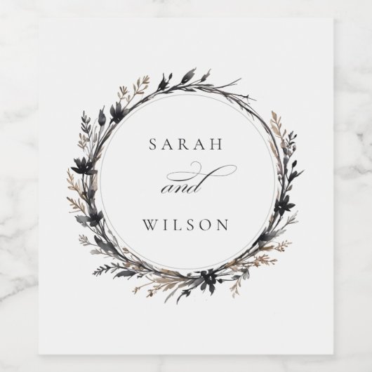 Boho Wildflower Zwart Bruin Herfst Krans Bruiloft Wijn Etiket (Enkel label)