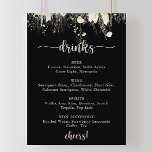 Boho Wildflower Zwarte bruiloft Drinken Menu Poster