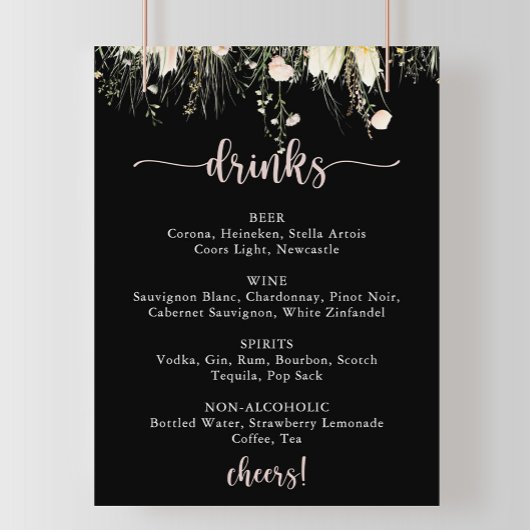 Boho Wildflower Zwarte bruiloft Drinken Menu Poster