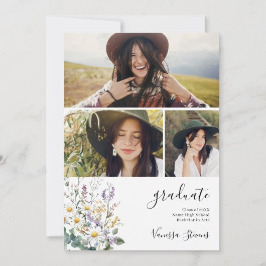 Boho Wildflowers 3 foto's  Afstuderen Kaart (Achterkant)
