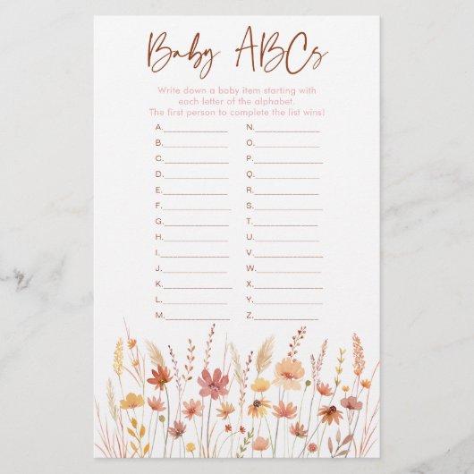 Boho Wildflowers ABC Baby shower Game (Voorkant)