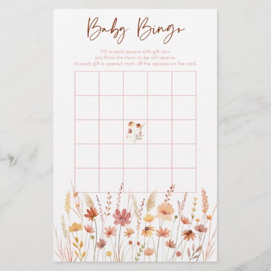Boho Wildflowers Baby shower Bingo spel (Voorkant)