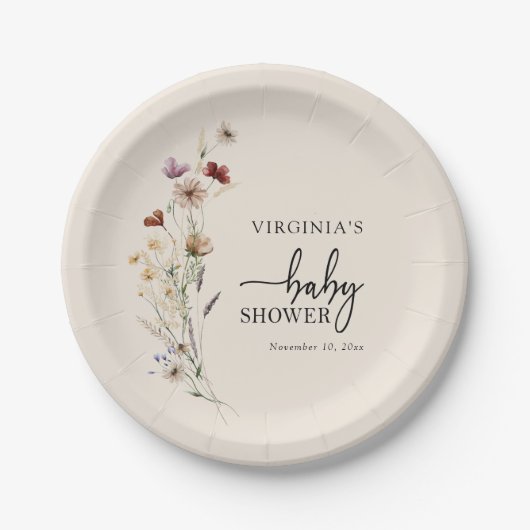 Boho Wildflowers Baby shower Papieren Bordje (Voorkant)