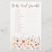 Boho Wildflowers Baby shower Word Scramble Game (Voorkant)