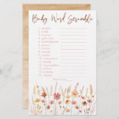 Boho Wildflowers Baby shower Word Scramble Game (Voorkant / Achterkant)