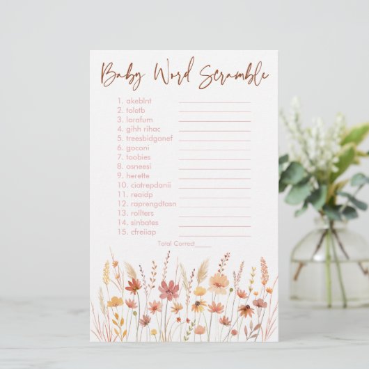 Boho Wildflowers Baby shower Word Scramble Game (Staand voorkant)