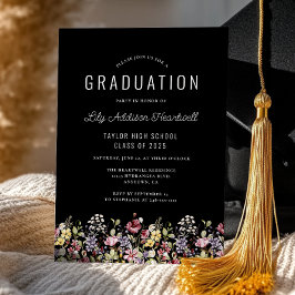 Boho Wildflowers Black Graduation Party Kaart