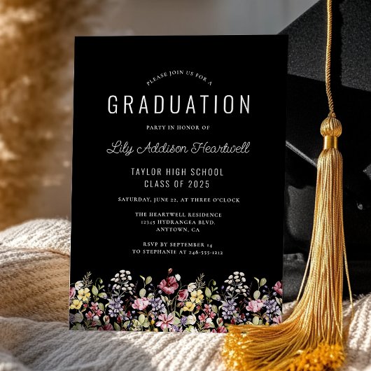 Boho Wildflowers Black Graduation Party Kaart