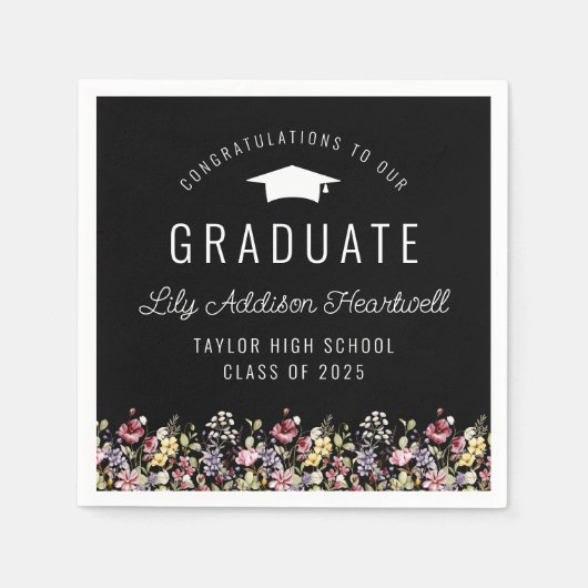 Boho Wildflowers Black Graduation Party Servet (Voorkant)