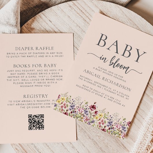 Boho Wildflowers Blush QR Code Babyfeestje Kaart