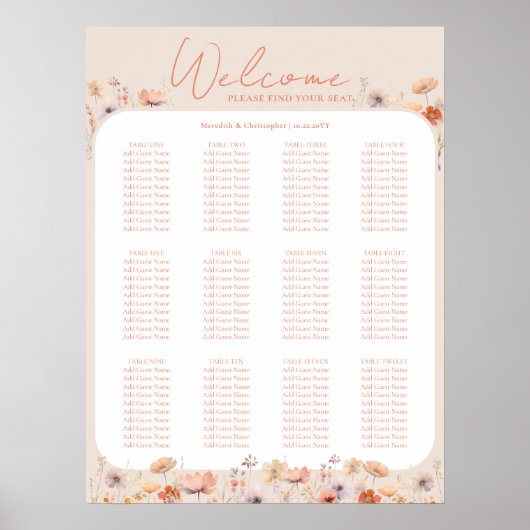 Boho Wildflowers Bruiloft Vind uw stoel Poster (Voorkant)