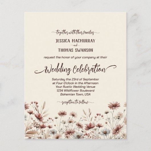 Boho Wildflowers BUDGET Wedding Invite w / Details (Voorkant)