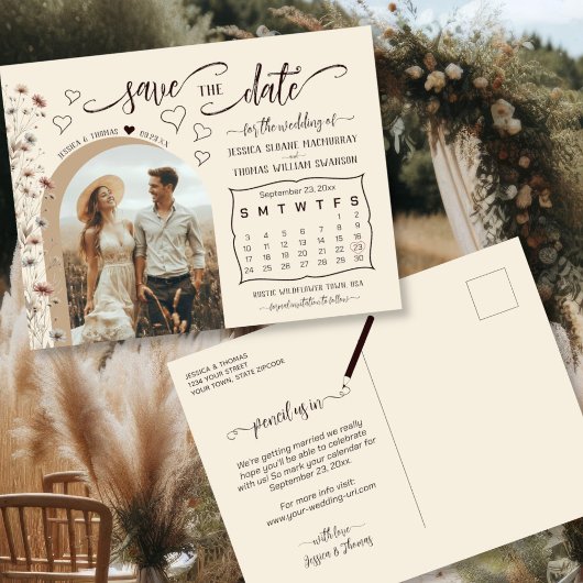 Boho Wildflowers Calendar & Photo Save the Date Aankondigingskaart