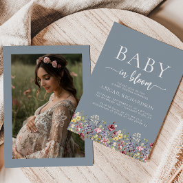 Boho Wildflowers Dusty Blue Foto Baby shower Kaart
