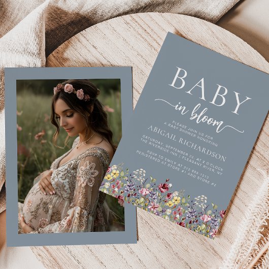 Boho Wildflowers Dusty Blue Foto Baby shower Kaart