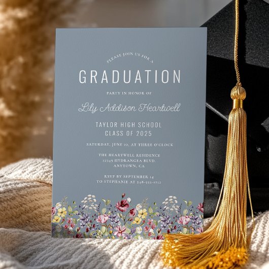 Boho Wildflowers Dusty Blue Graduation Party Kaart