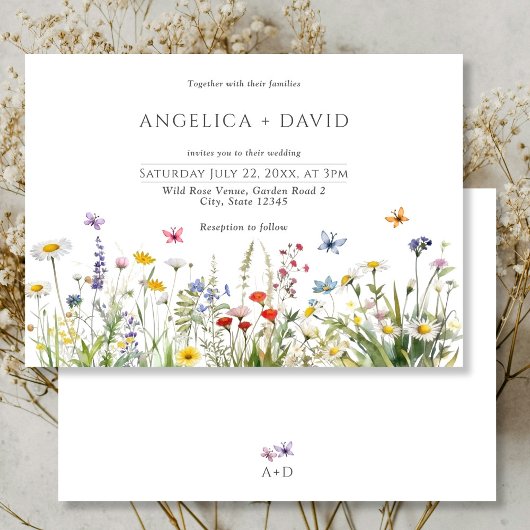 Boho Wildflowers en Butterflies Wedding Kaart