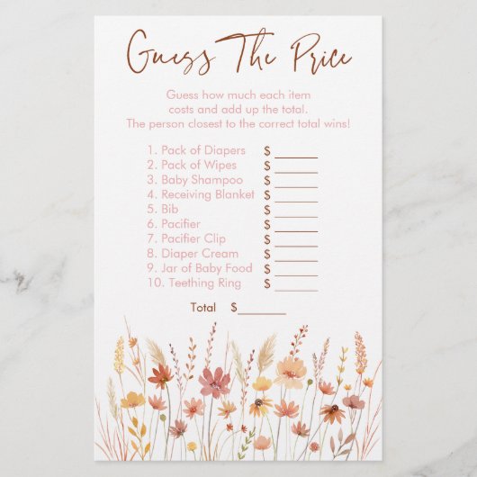 Boho Wildflowers Guess De prijs Baby shower spel (Voorkant)