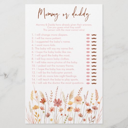 Boho Wildflowers Mama of Daddy Baby shower Game (Voorkant)
