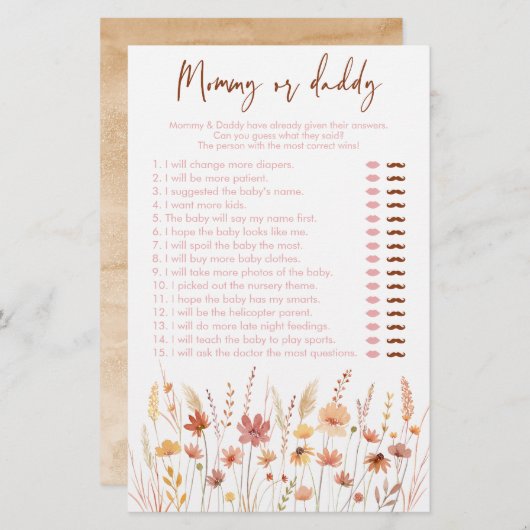 Boho Wildflowers Mama of Daddy Baby shower Game (Voorkant / Achterkant)