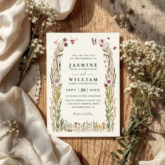 Boho Wildflowers Mushroom Magic QR Code Wedding Kaart