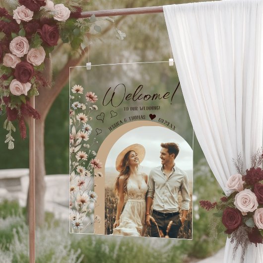 Boho Wildflowers Photo Arch Wedding Welcome Clear Acryl Bord