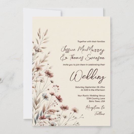 Boho Wildflowers & Photo Modern QR Code Wedding Kaart (Voorkant)