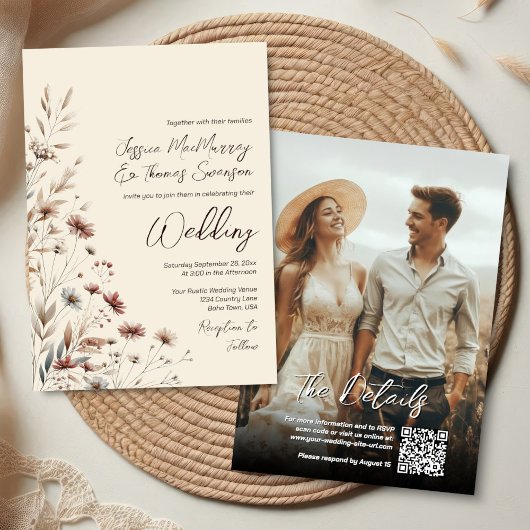 Boho Wildflowers & Photo Modern QR Code Wedding Kaart