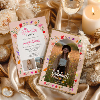 Boho wildflowers Pink Garden photos graduation Kaart