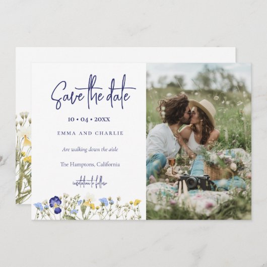 Boho Wildflowers QR Code Elegante Fotobruiloft Save The Date (Voorkant / Achterkant)