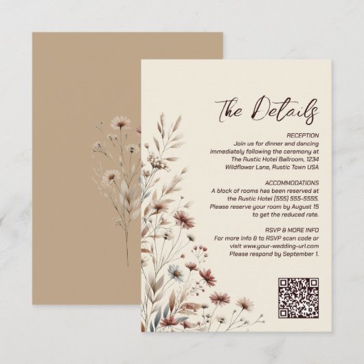 Boho Wildflowers QR-code Huwelijksdetails Klein Informatiekaartje (Voorkant / Achterkant)