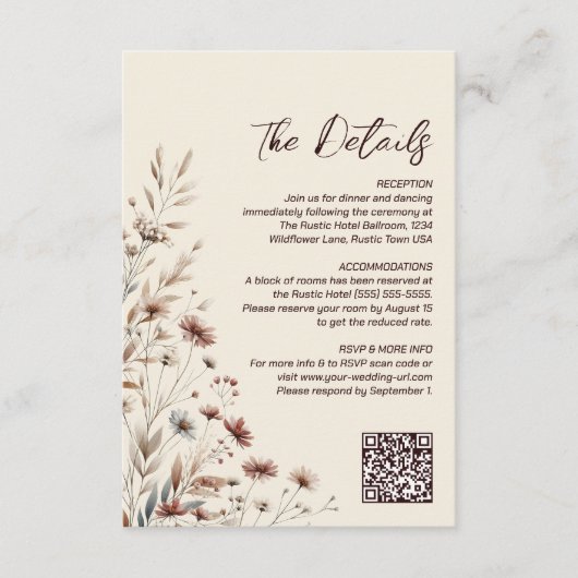Boho Wildflowers QR Code Trouwdetails Klein Informatiekaartje (Voorkant)