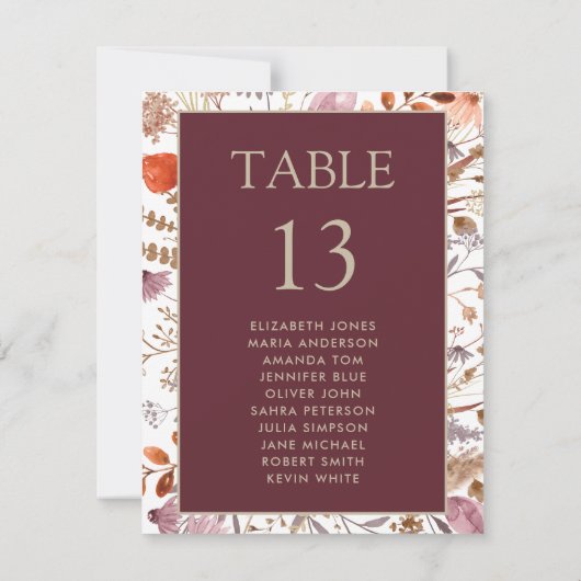 Boho Wildflowers Seating Chart Kaarten voor bruilo Notitiekaartje (Achterkant)