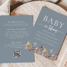 Boho Wildflowers Stof Blauw QR Code Baby Shower