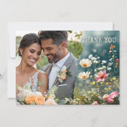 Boho Wildflowers Trouwfoto Dank u Bedankkaart (Voorkant)
