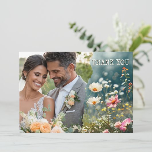 Boho Wildflowers Trouwfoto Dank u Bedankkaart (Staand voorkant)