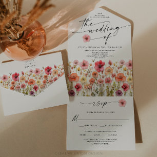 Boho Wildflowers Wedding Kleurrijke bloemen All In One Uitnodiging