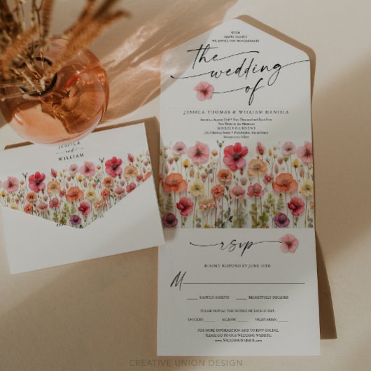 Boho Wildflowers Wedding Kleurrijke bloemen All In One Uitnodiging