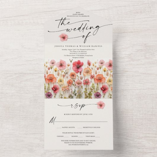 Boho Wildflowers Wedding Kleurrijke bloemen All In One Uitnodiging (Binnen)