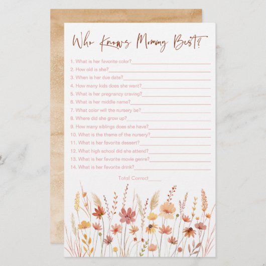 Boho Wildflowers Wie kent mama het beste spel (Voorkant / Achterkant)