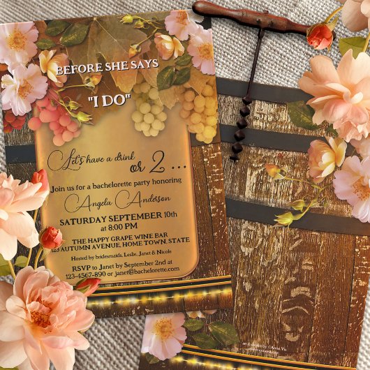 Boho Wine Thed String Lights Bachelorette Kaart