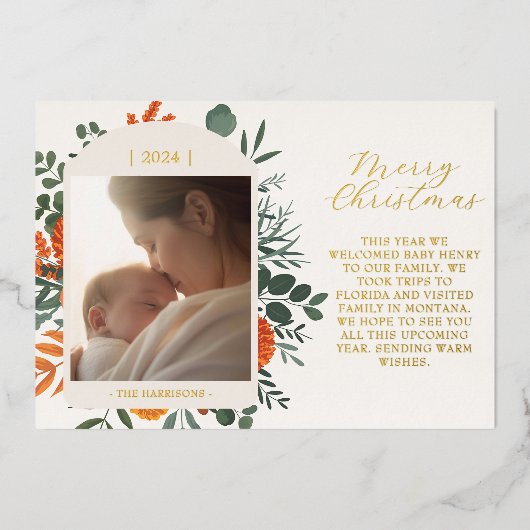 Boho Winter Bloemen Lange Bericht Kerstmis Folie Feestdagenkaart (Voorkant)